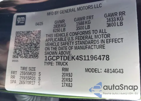 2025 Chevrolet Colorado 4Wd Z71 z USA, uszkodzony, nr VIN 1GCPTDEK4S1196478